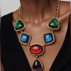 Kenneth Jay Lane Gold-Tone Necklace with Red, Blue, Green, and Purple Stones